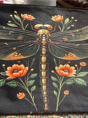 Dragonfly Floral Canvas Pouch in Black with Coral Flowers doubled sided print.